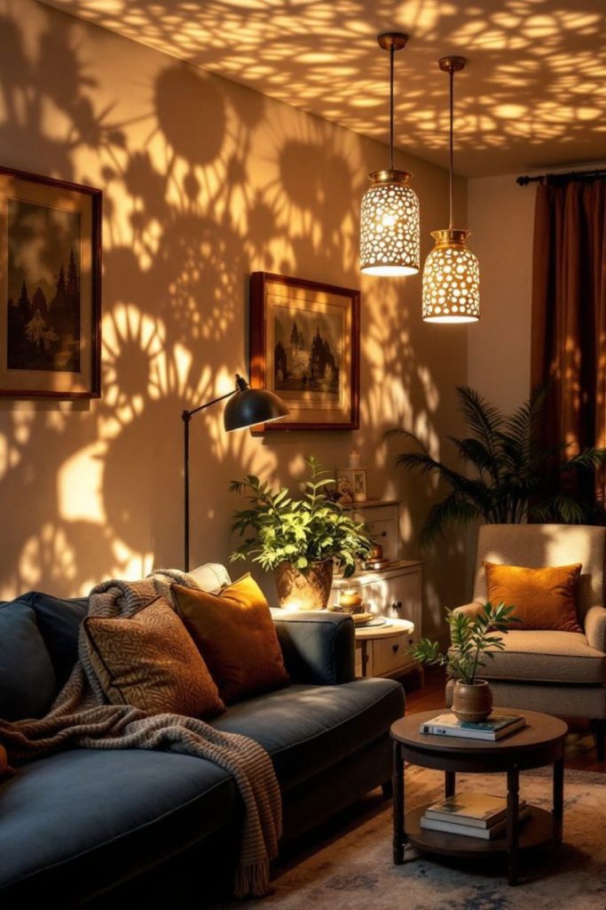 Warm lantern-lit compact living area