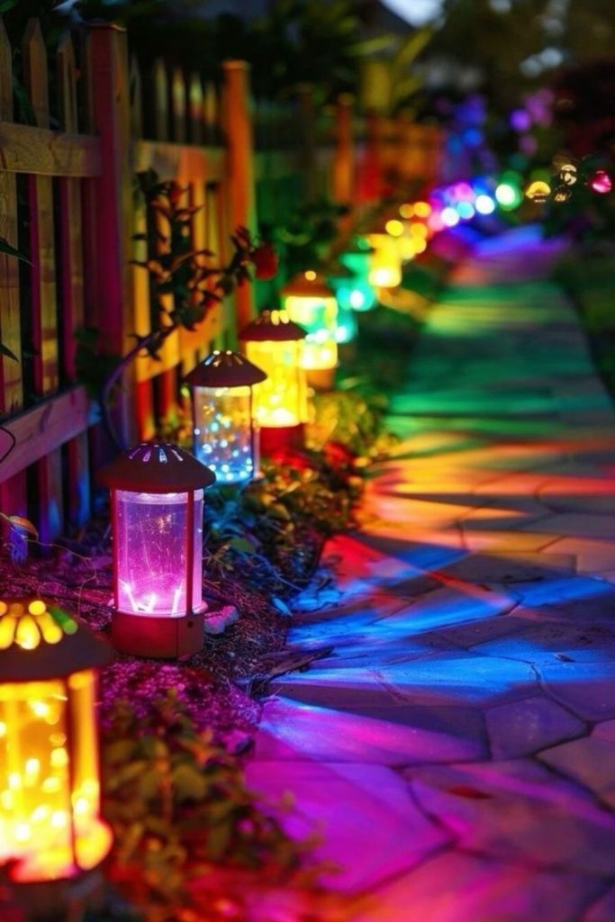Flickering lanterns lining winding garden path