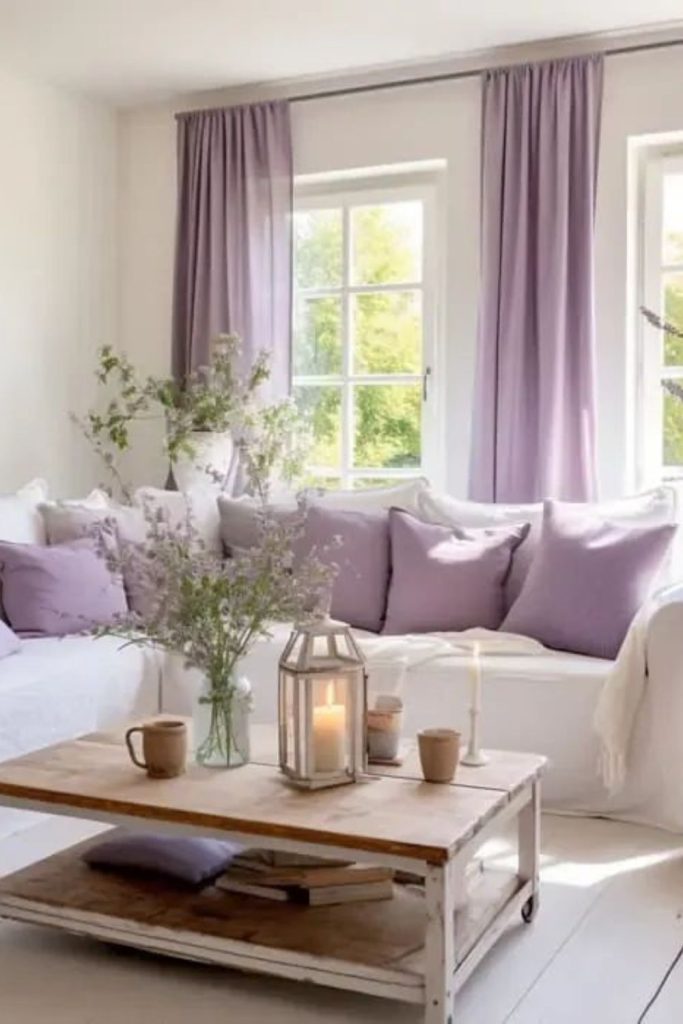 Soft lavender farmhouse living area