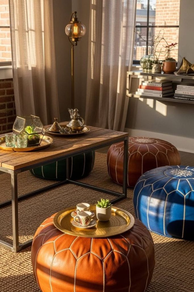 Clustered leather poufs with subtle side trays