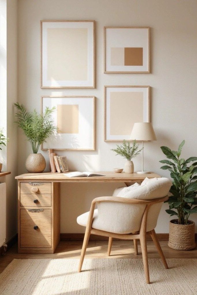 Light oak office calm workspace.