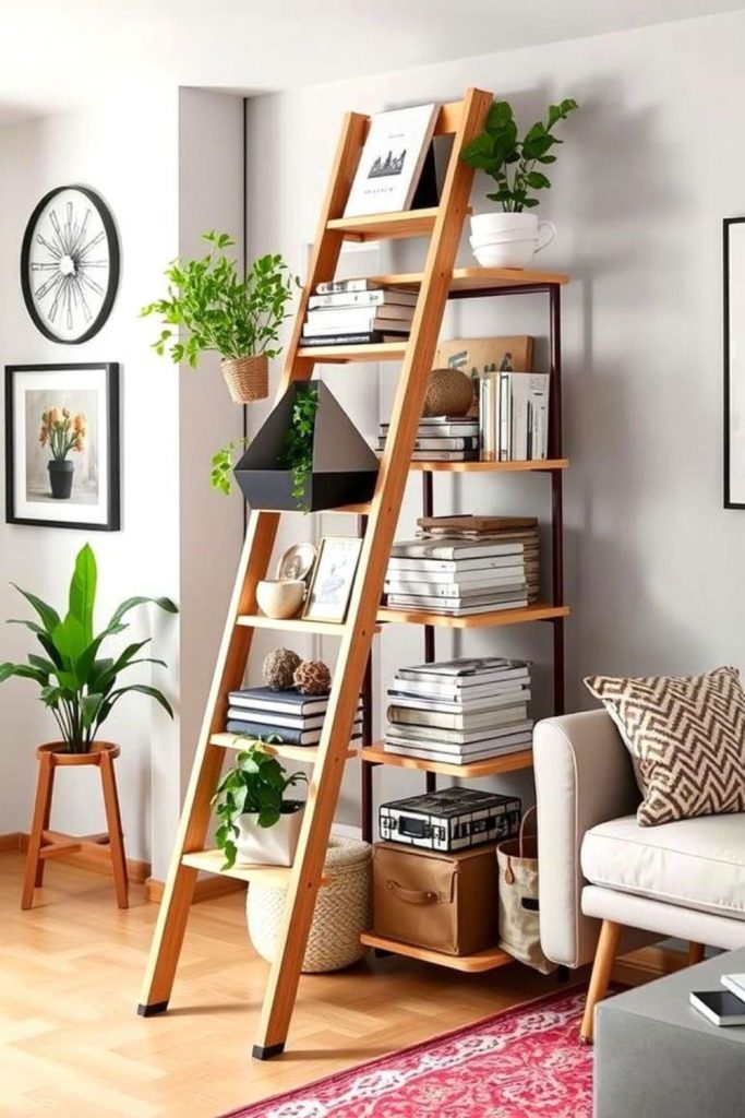 Ladder shelves add vertical storage style.