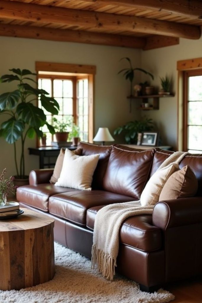 Loft-style brown leather cozy sitting