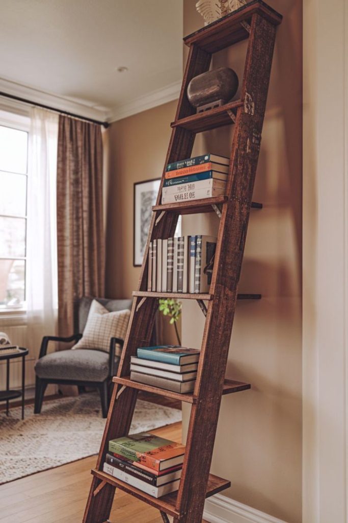 Vertical shelves create playful compact corner.