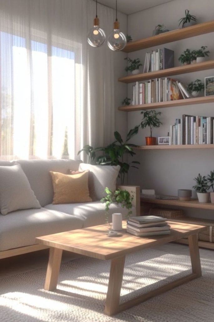 Vertical shelves maximize limited room height.