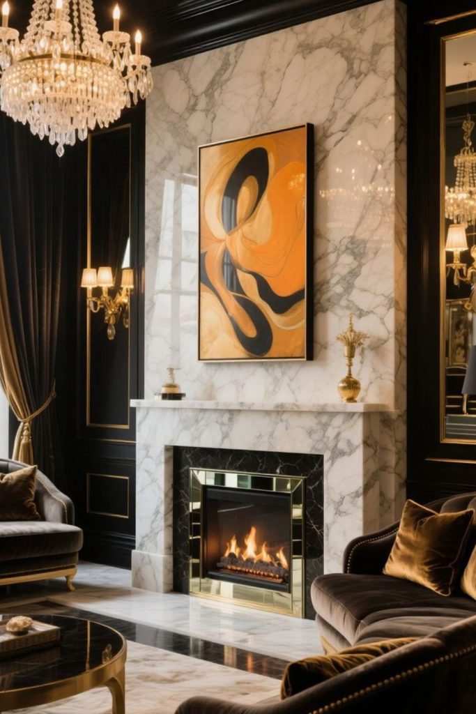 Marble luxury living room hearth.