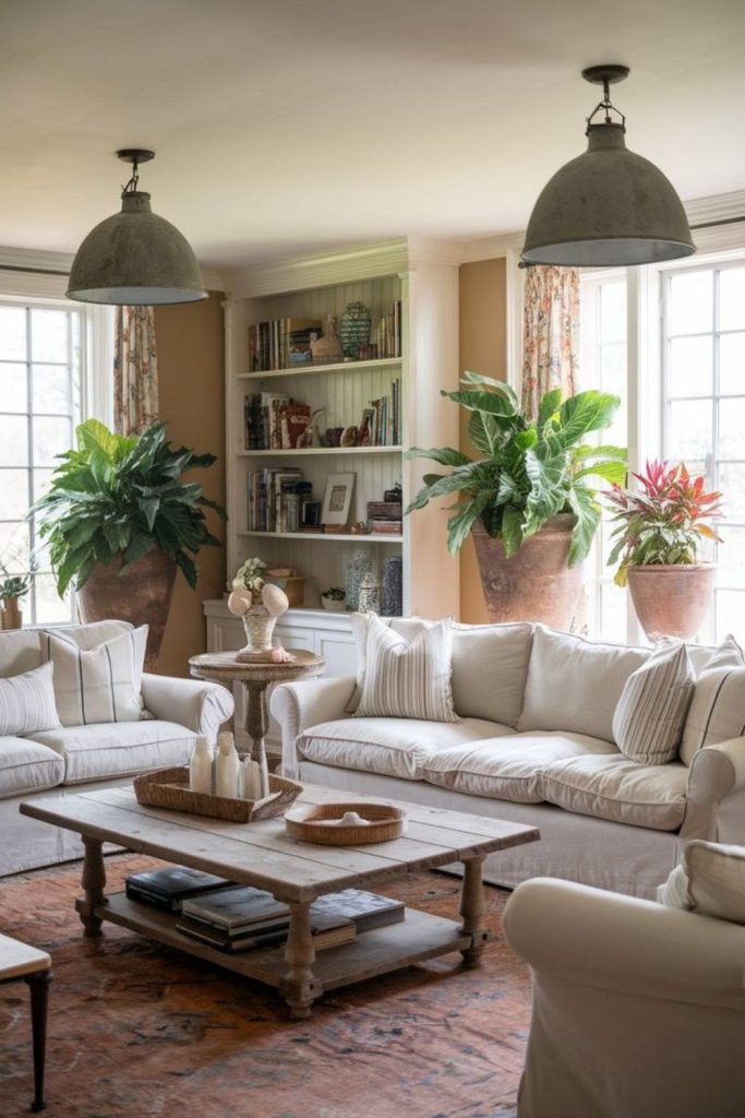 Light airy farmhouse lounge with baskets