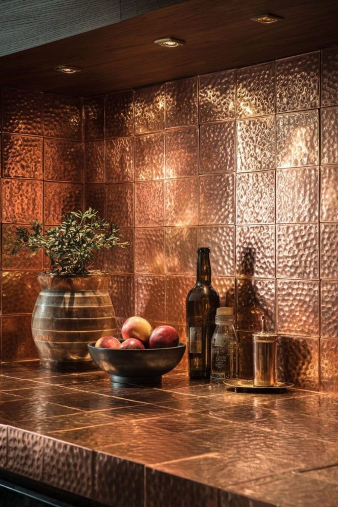 Brushed copper backsplash with glowing warmth