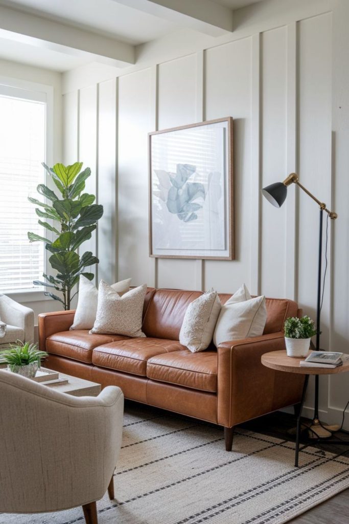 Sleek brown leather mid-century modern living