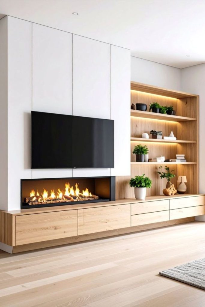 Mid-century wooden fireplace wall mounted TV