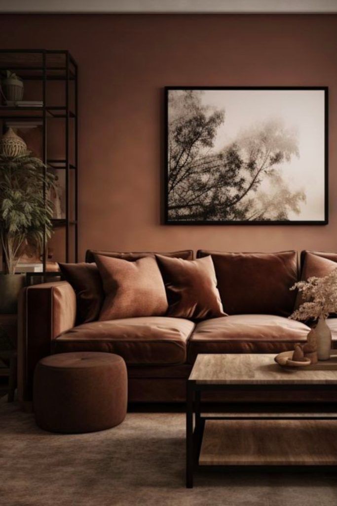 Cozy cocoa brown elegant lounge space.