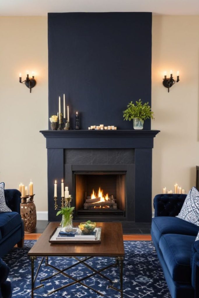 Midnight dark-toned fireplace parlor.