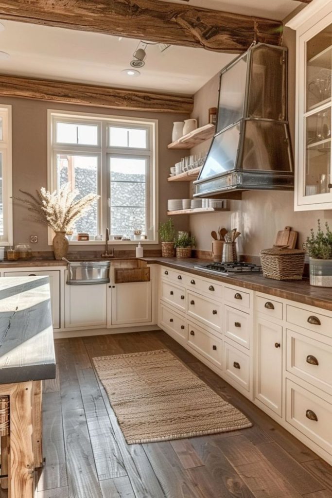 Milk-painted rustic kitchen with charm.