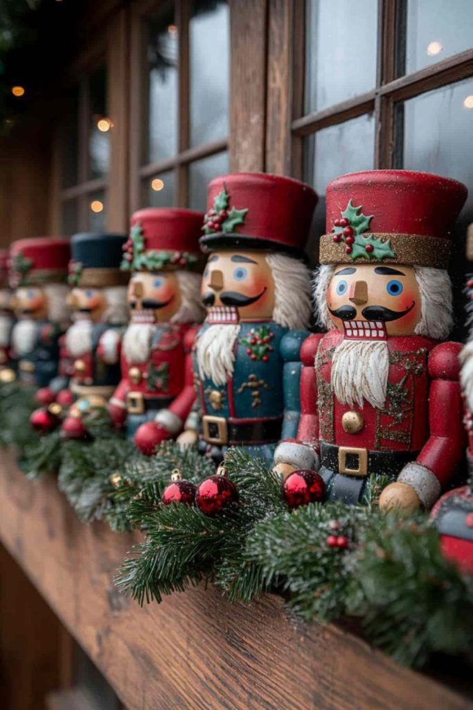 Nutcracker figurines with scattered pine sprigs