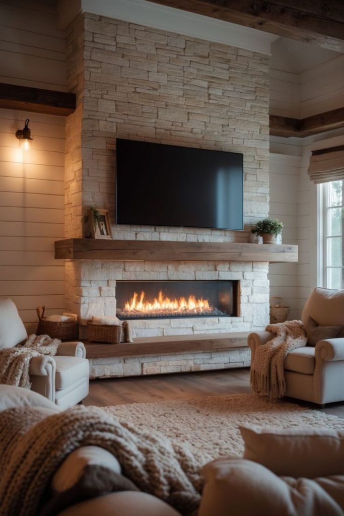 Rustic stone hearth with TV mounted