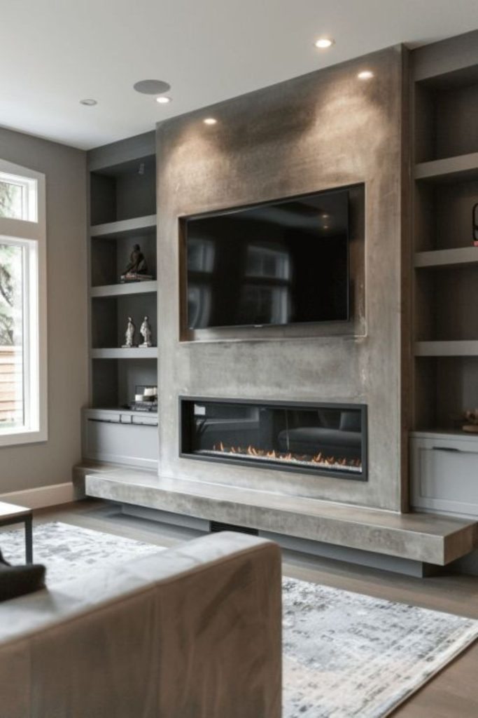 Minimalist concrete fireplace with floating TV