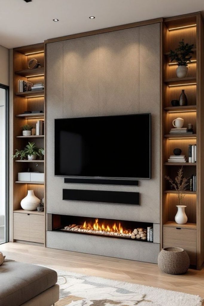 Minimal glass fireplace with floating TV