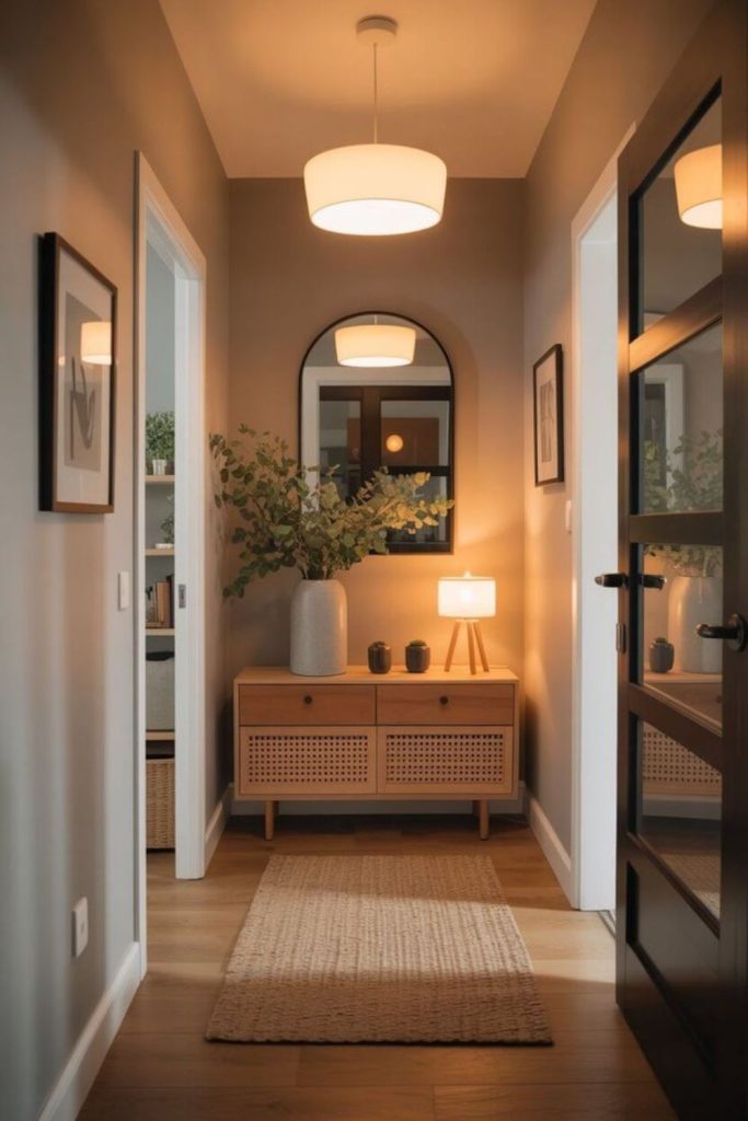 Warm sconce light minimal hallway.