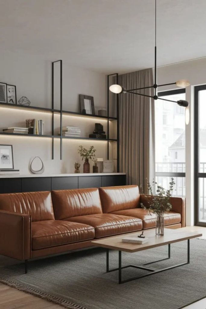 Minimalist brown leather contemporary lounge