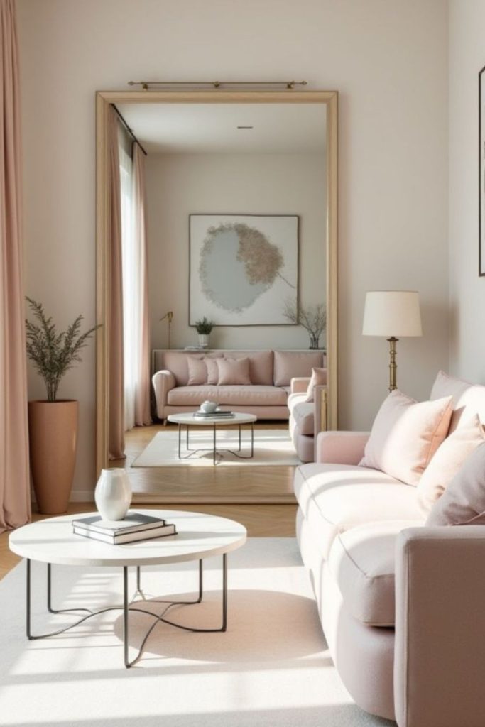 Mirrors expand small living room space.