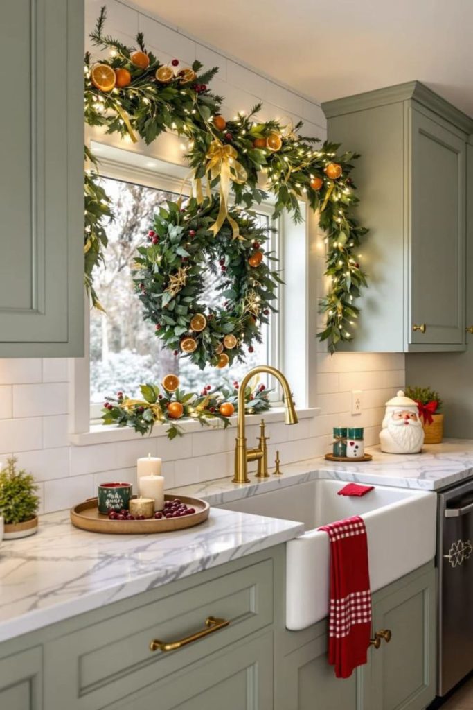 Mistletoe hanging above kitchen sink.