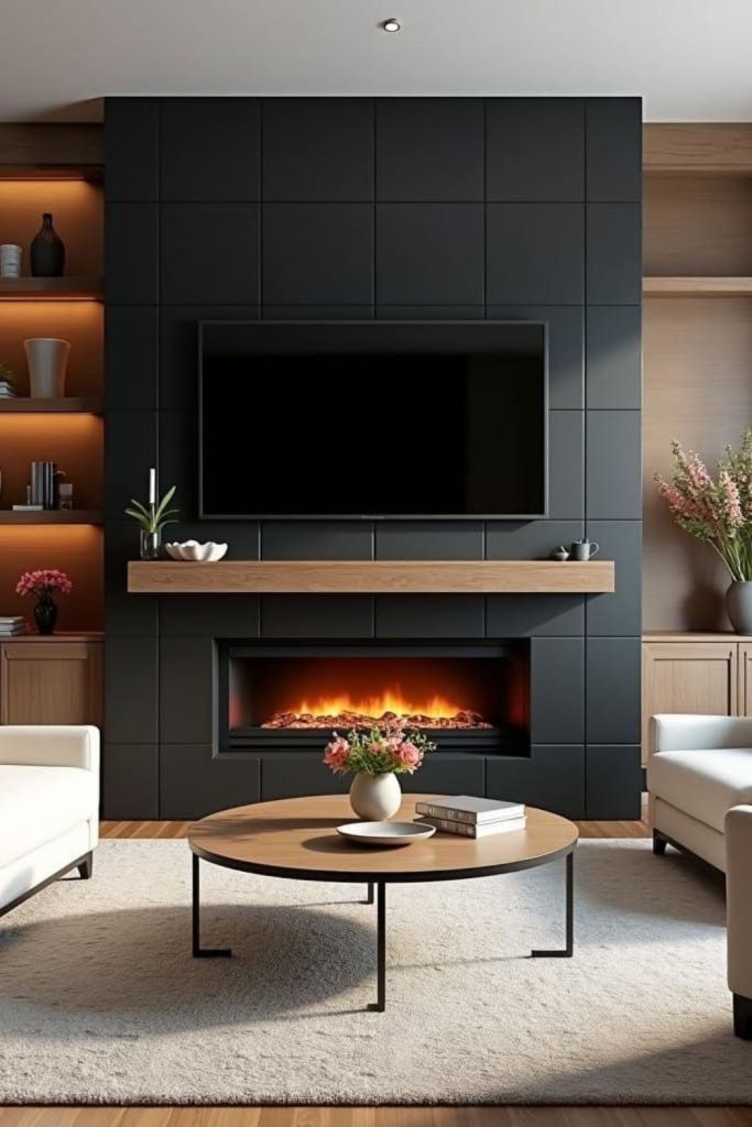 Matte black fireplace wall with TV