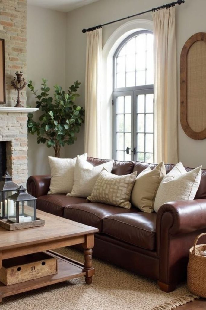 Modern farmhouse brown leather lounge