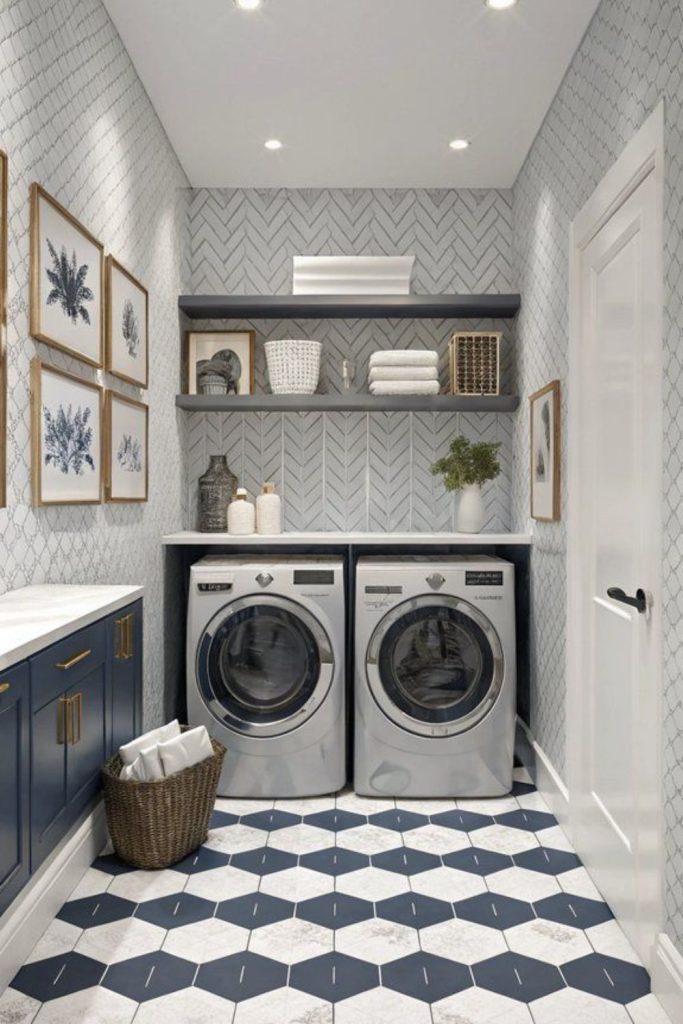 Geometric-patterned modern basement laundry design.