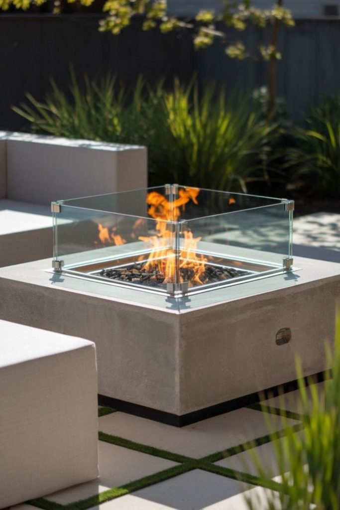 Sleek glass fire pit lounge