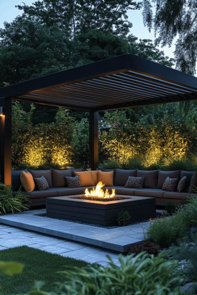 Pergola backyard fire pit setup