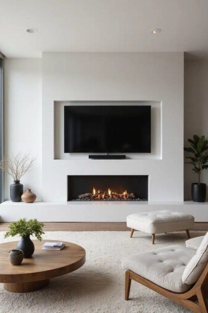 Modern white minimalist fireplace with TV
