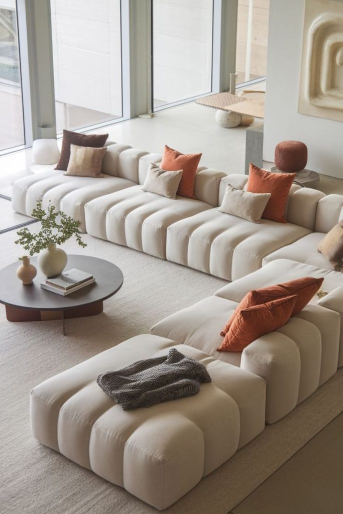 Modular velvet seating with scattered pillows