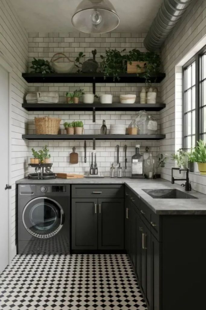 Black and white sleek laundry room.