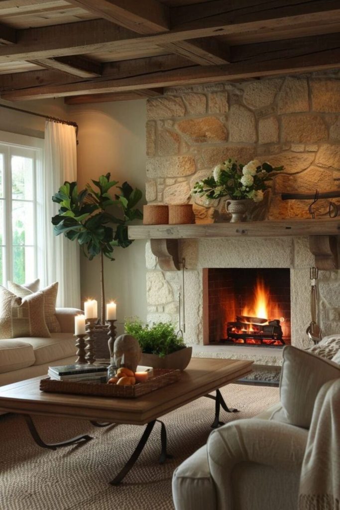Cottage mossy cozy fireplace room.