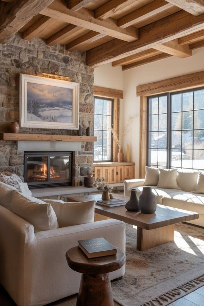 Stone hearth rustic farmhouse lounge