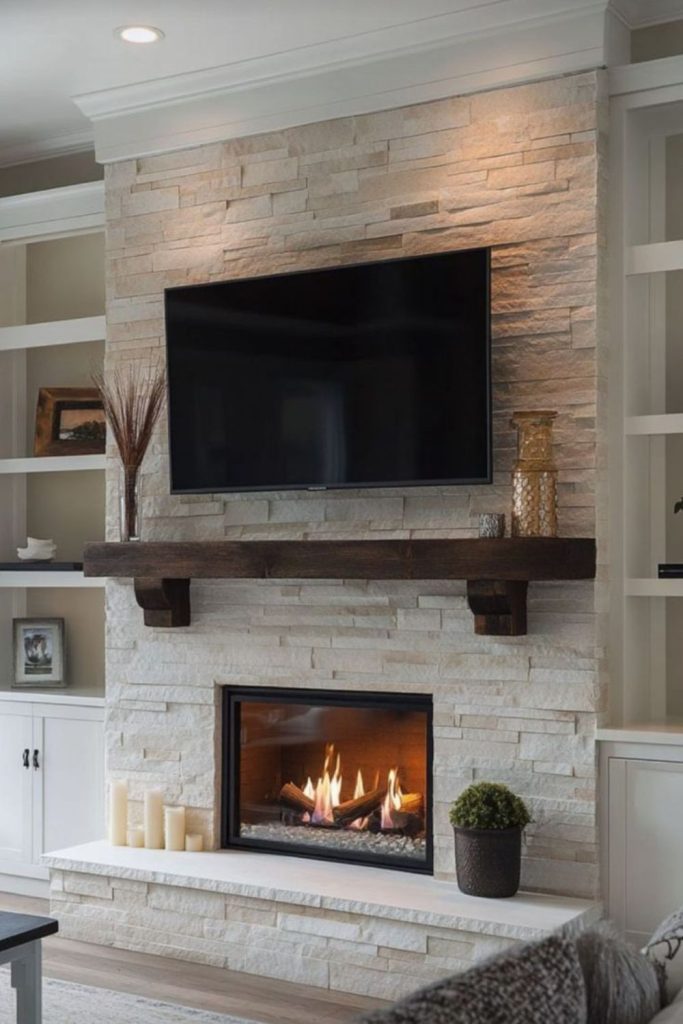 Large stone slab fireplace with TV