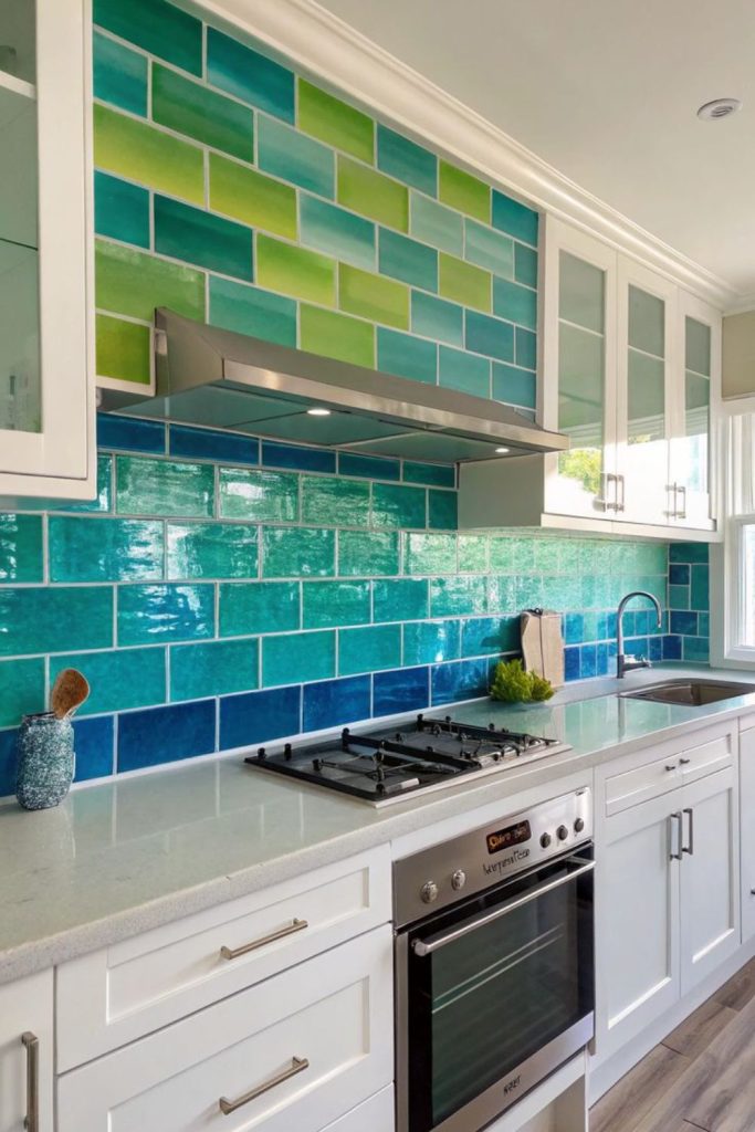 Neon-lit acrylic glowing futuristic backsplash design