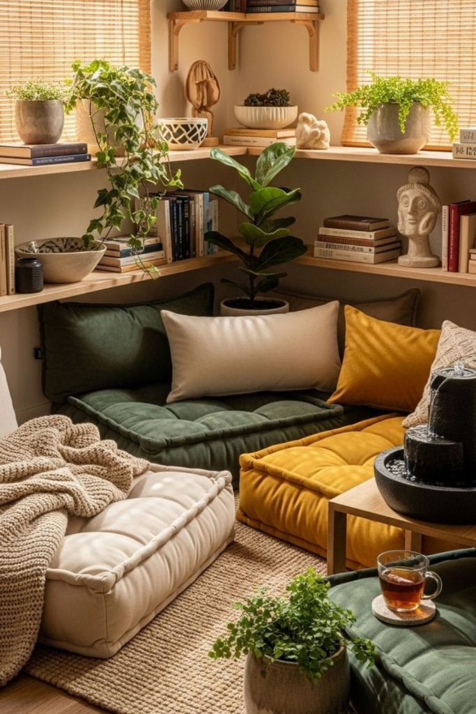 Cozy corner seating with pillows abundance.