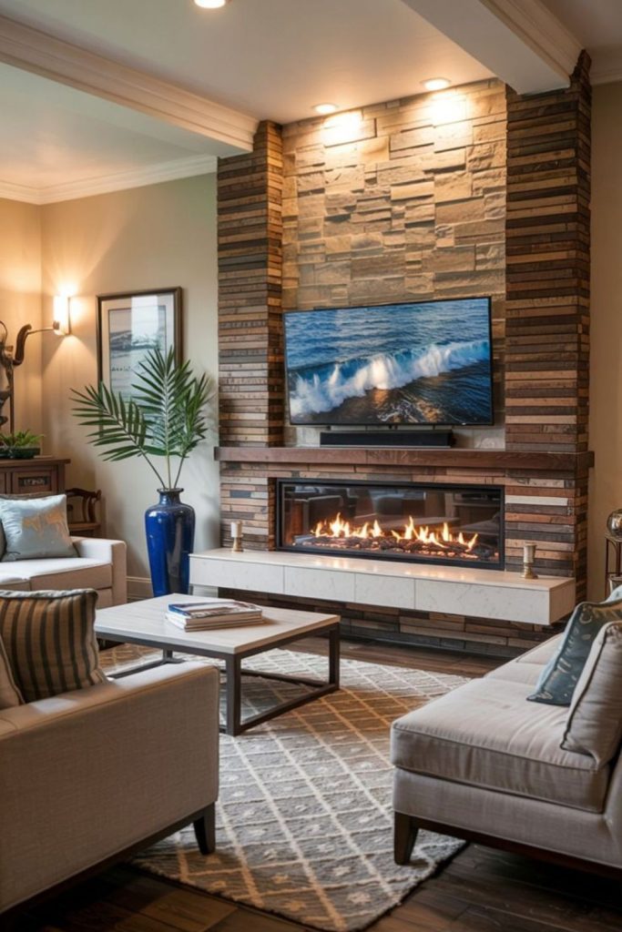 Opal iridescent modern fireplace design.