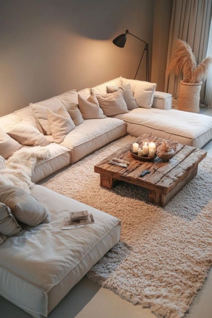 Overstuffed plush sofa with draped throws