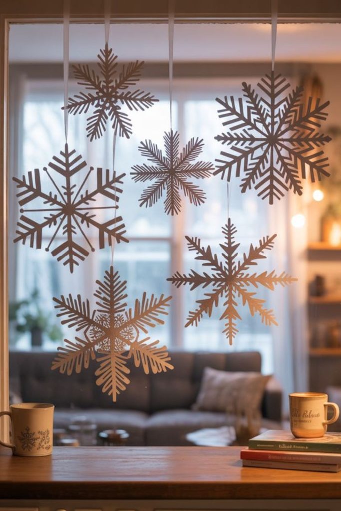 Hanging paper snowflakes with glitter
