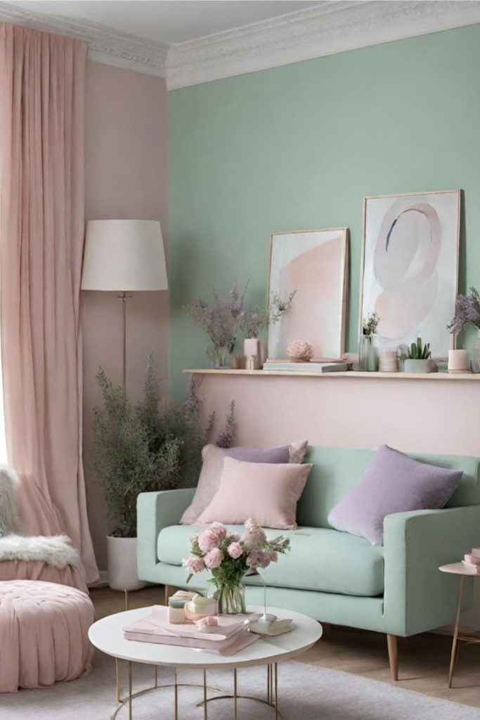 Pastel walls and cushions soften room.