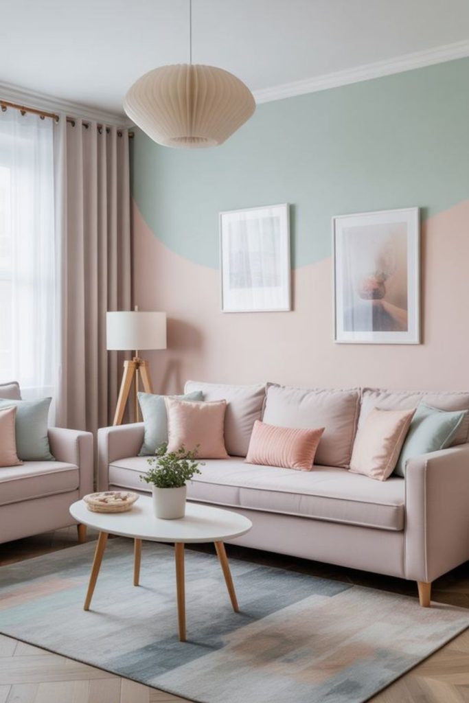Colorful pastel walls energize small living.