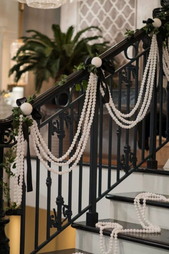 Pearl garland luxury staircase holiday styling.