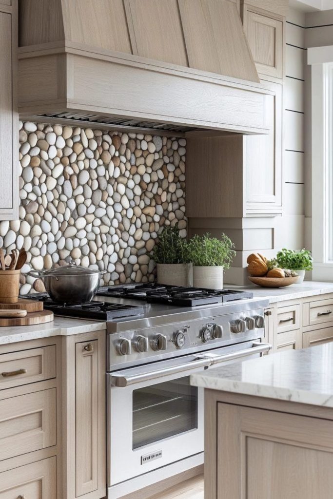 Smooth pebble stone backsplash natural texture