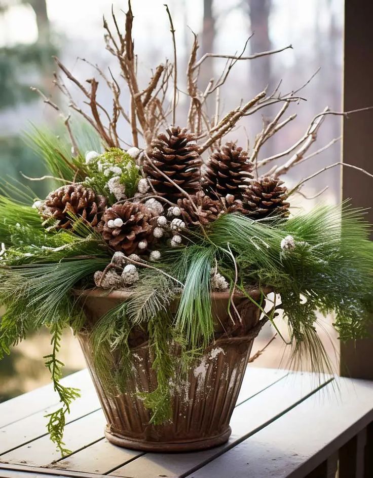 Pine and feather woodland planter inspiration
