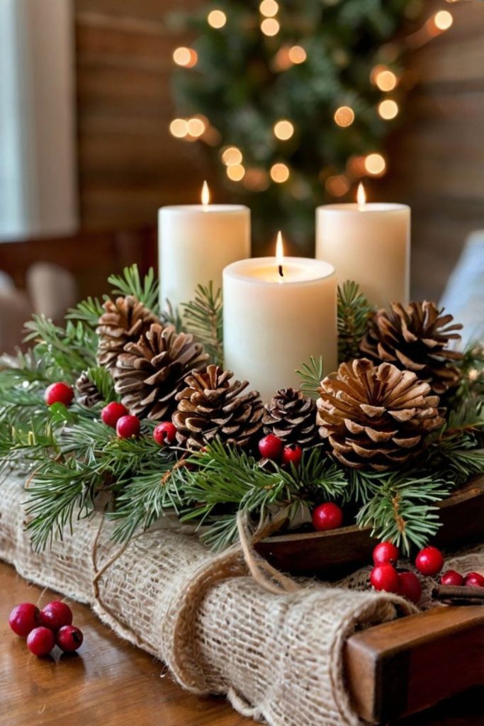 Falling pinecones arranged over mossy base