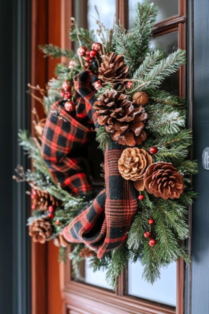 Plaid scarf cozy cabin door wreath