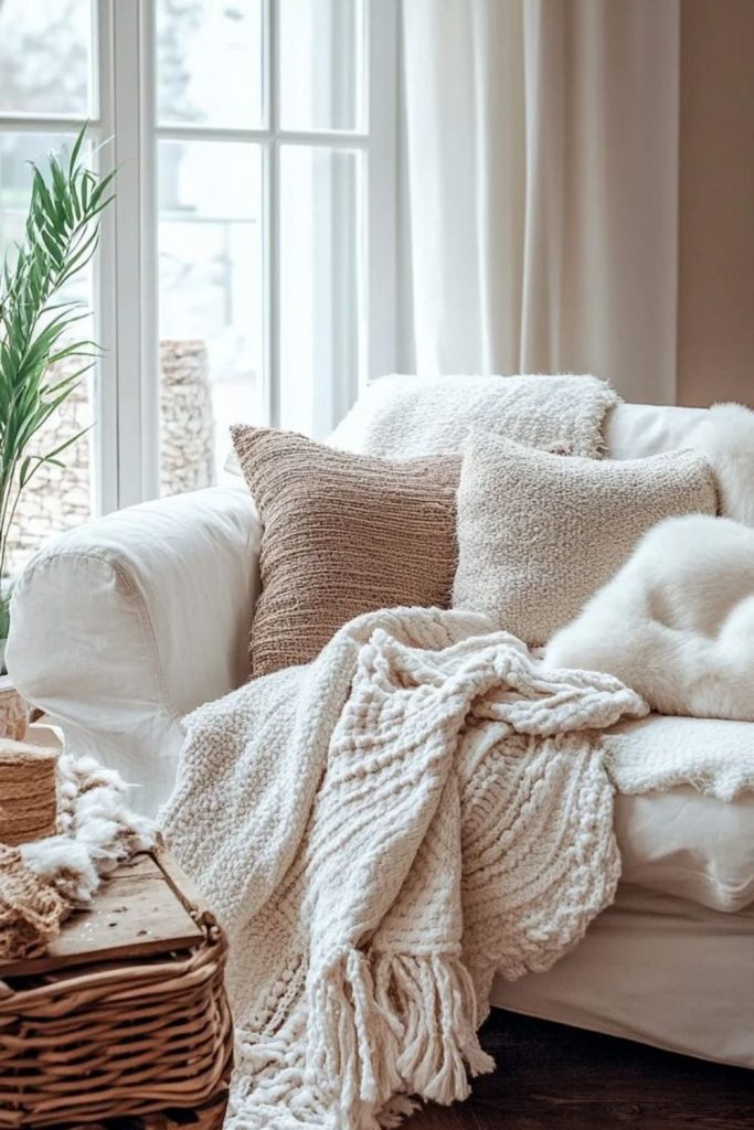 Plush couch with fluffy blankets.