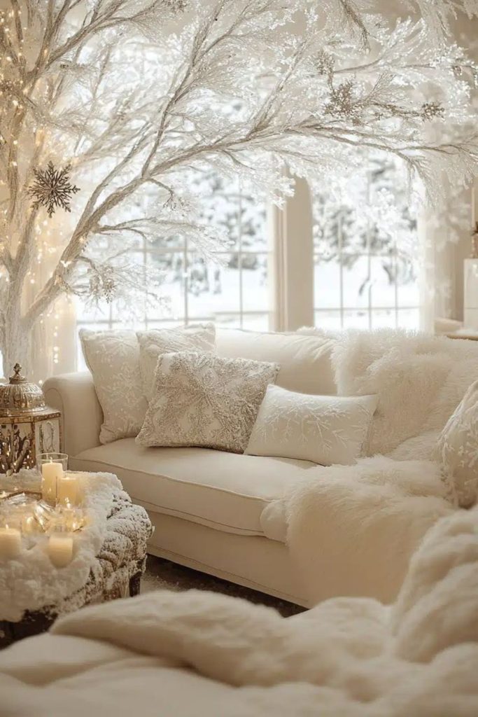 Cozy white throws layered texture.